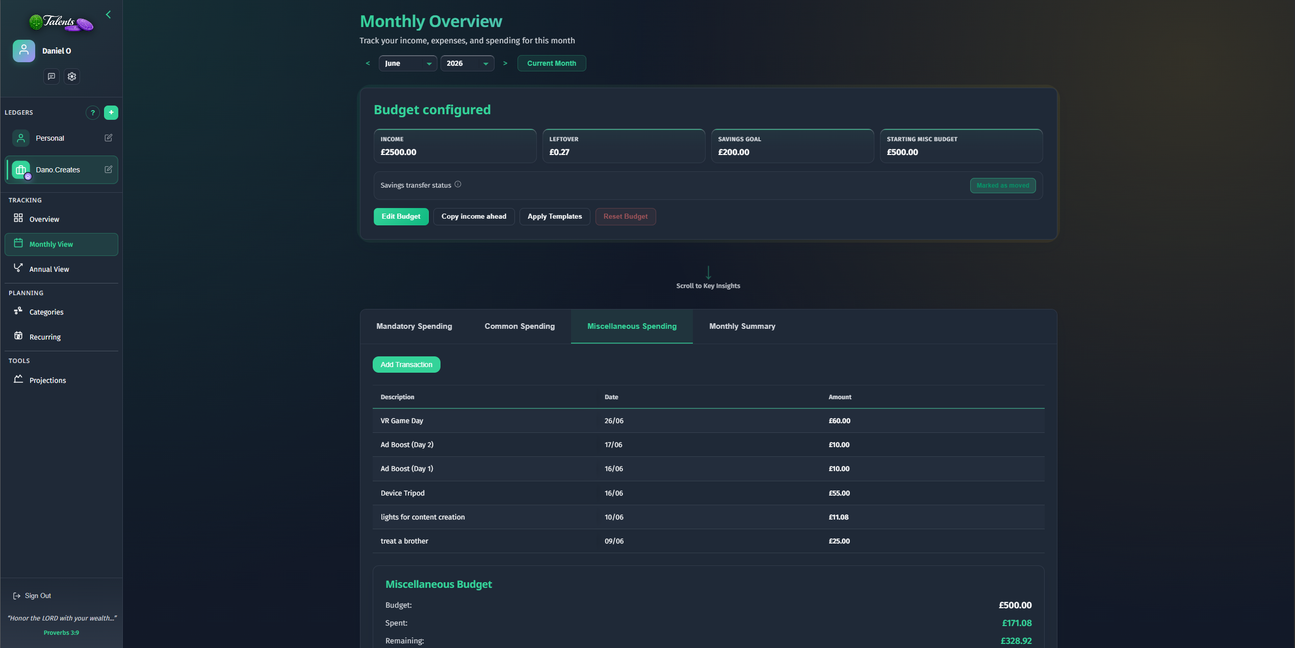 Misc Transactions app preview